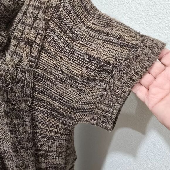 Brown Belted Cable Knit Funnel Cowl Neck Sweater Dress Womens Sz LP Short Sleeve - Picture 4 of 9